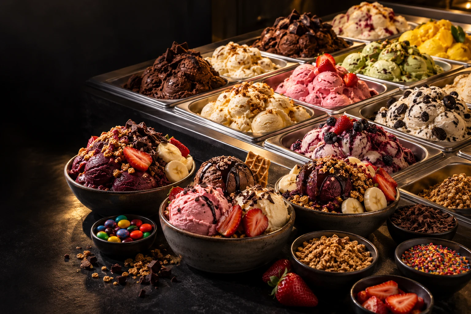 Imagem ilustrativa de buffet com variedade de sorvetes e açaí